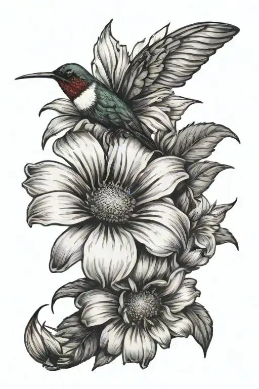 An inner wrist tattoo with a Daisy black eyed Susan iris rose and small humming bird black and white  tattoo design idea