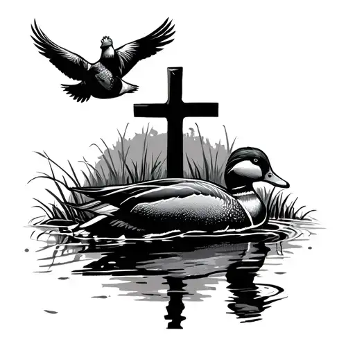 a lone drake mallard in a swamp with a cross in the back ground with a drake and a hen mallard flying in tattoo design idea