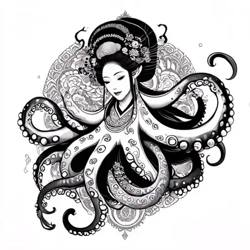 Octopus attacking a big breasted geisha warriors using sorts and mandala background tattoo design idea