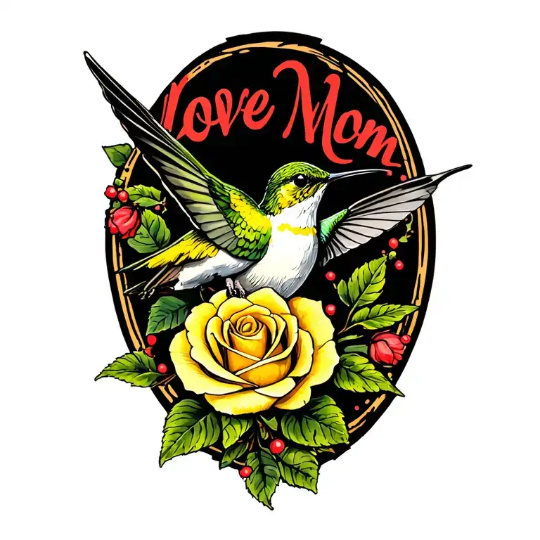 "Love Mom" "Love Mom" yellow rose and hummingbird perched tattoo design idea