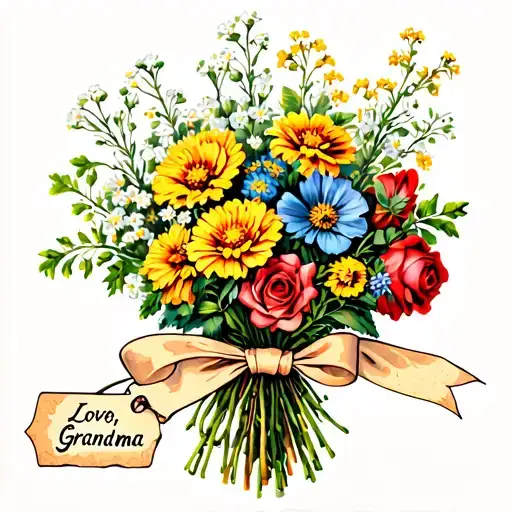 flower bouquet with alyssum, marigolds, cosmos and roses tied with a ribbon and a tag that says "Love, Grandma" tattoo design idea