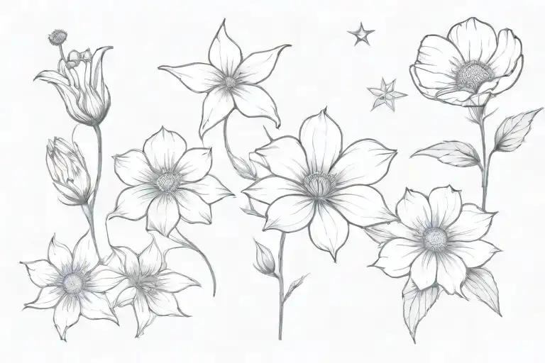 2 stars and a shooting star and couronné de chrisanthemum, cosmos, morning glory flowers tattoo design idea