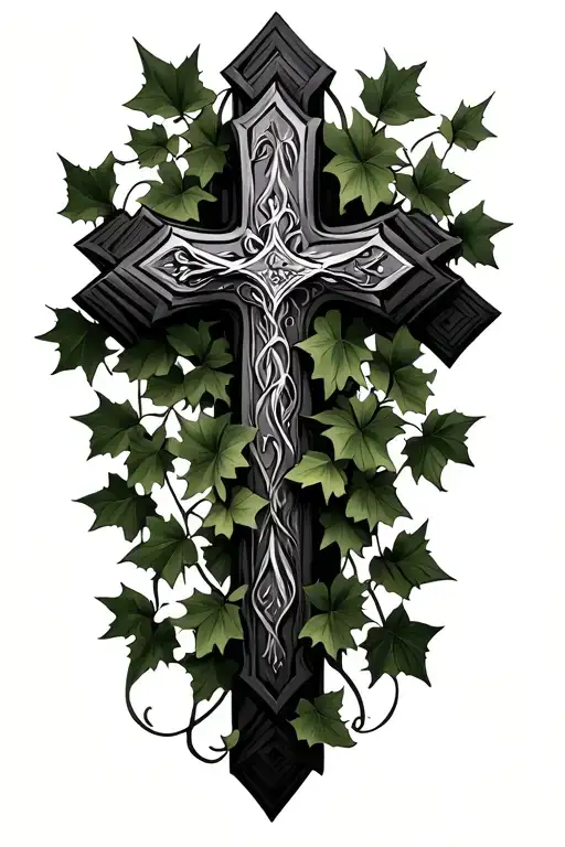 cross with ivy leaves tattoo design idea