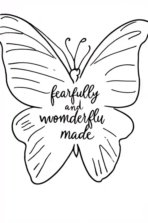 A detailed butterfly with its wings forming the words “fearfully and wonderfully made” in delicate script, and the semic tattoo design idea