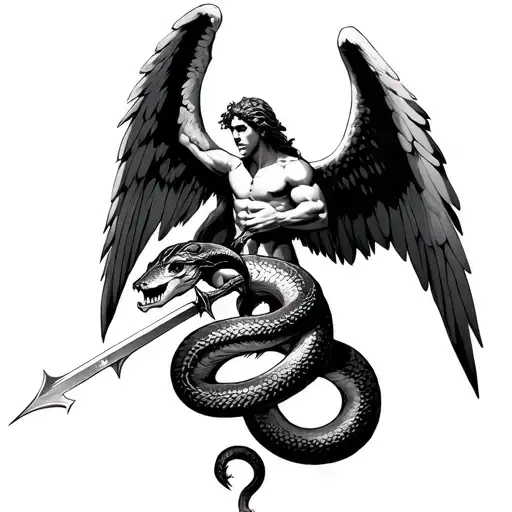 archangel michael stabbing serpent wrapped tattoo design idea
