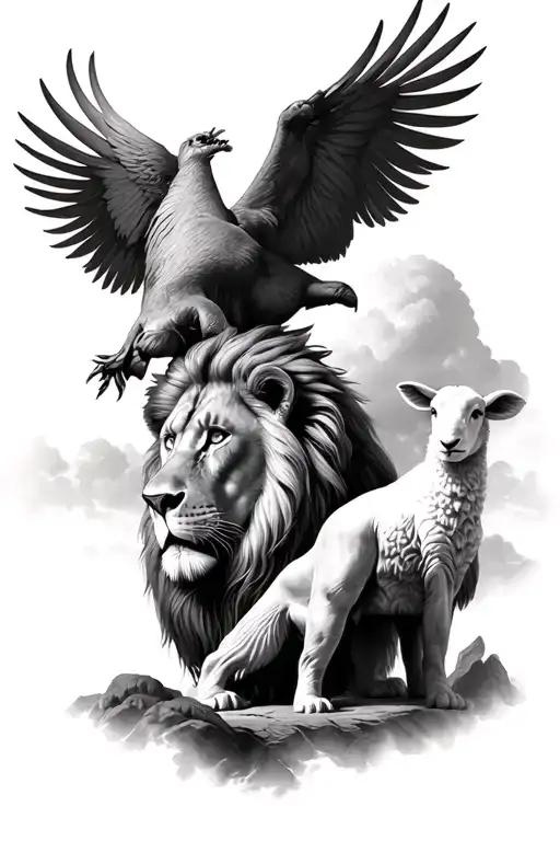 hyper realistic, layering important stories of the Bible. Including Noah's Ark, David and Goliath, lion in the lamb,  tattoo design idea