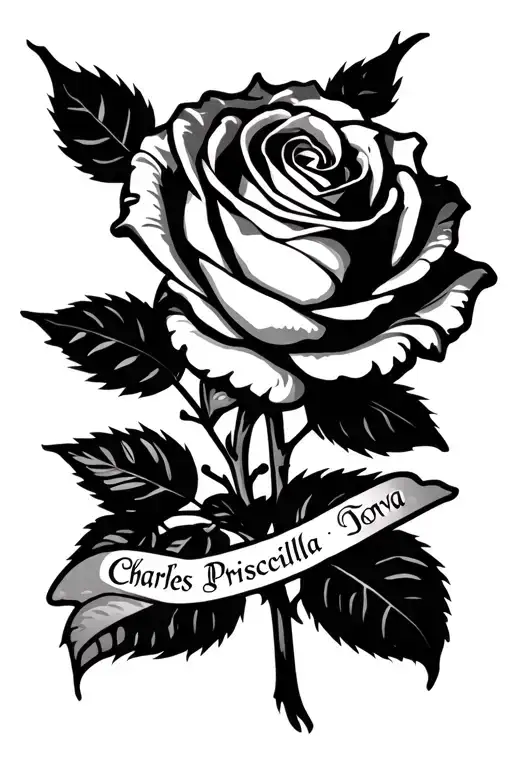 rose with the names Charles Priscilla Tori deva in the stem tattoo design idea