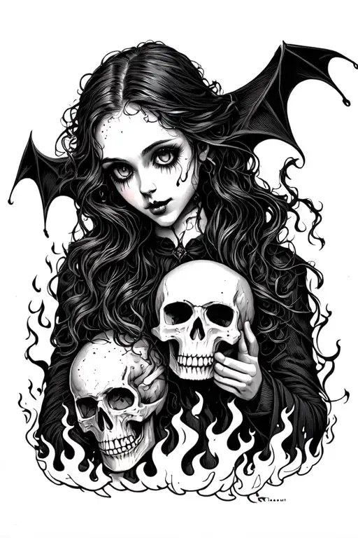 vampire girl holding skull on flames with castle in background  tattoo design idea