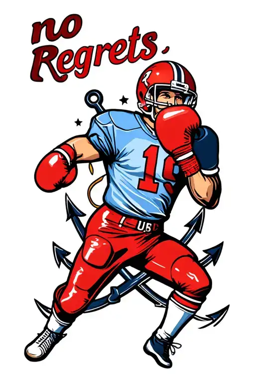 "no regrets" A traditional style tattoo of a football player kicking a boxing glove, with a navy anchor in the background tattoo design idea