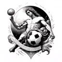 A black and grey full sleeve tattoo design blending Greek mythology, Persian art, and soccer. At the top, Sisyphus pushi tattoo design idea