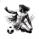 A black and grey full sleeve tattoo design blending Greek mythology, Persian art, and soccer. At the top, Sisyphus pushi tattoo design idea