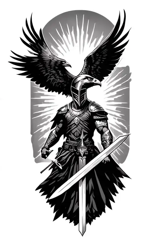 spartan warrior,, falcon with swords going, sunlight, dagger tattoo design idea