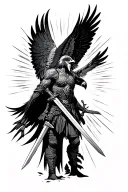 spartan warrior,, falcon with swords going, sunlight, dagger tattoo design idea