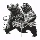 A bear and a wolf facing off in a musical showdown with a cash-filled trap music speaker in the background tattoo design idea