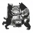 A bear and a wolf facing off in a musical showdown with a cash-filled trap music speaker in the background tattoo design idea