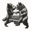A bear and a wolf facing off in a musical showdown with a cash-filled trap music speaker in the background tattoo design idea