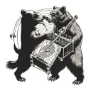 A bear and a wolf facing off in a musical showdown with a cash-filled trap music speaker in the background tattoo design idea