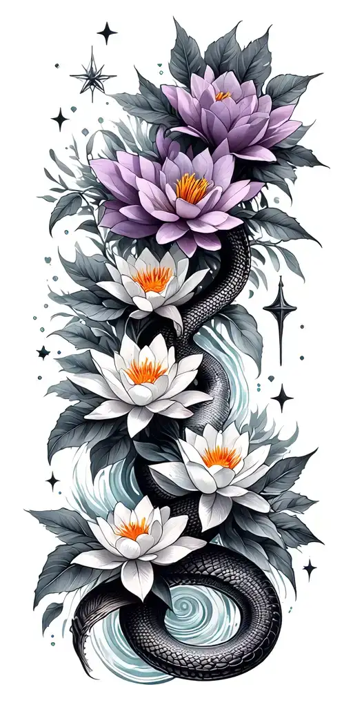  sky, ocean, and nature theme, with music, cardinal, lilac, orange blossom, marigold, water lily, snakes, stars, libra tattoo design idea