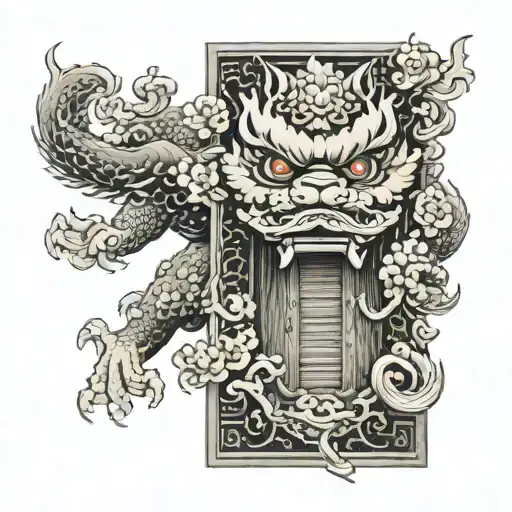 torri door with fu dog behind it tattoo design idea