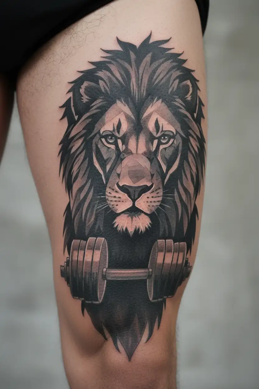 Lion sketch with gym dumbbell tattoo design idea