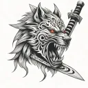 wolf, half oni mask with katana sword piercing tattoo design idea