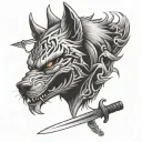 wolf, half oni mask with katana sword piercing tattoo design idea