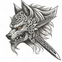 wolf, half oni mask with katana sword piercing tattoo design idea