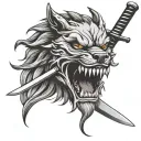wolf, half oni mask with katana sword piercing tattoo design idea