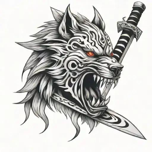 wolf, half oni mask with katana sword piercing tattoo design idea