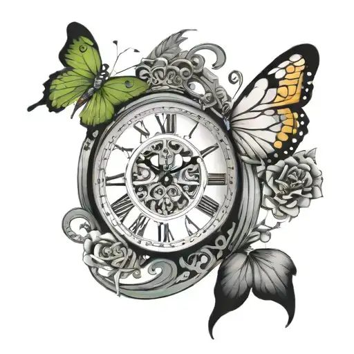 clock/rollercoaster,butterfly with half black grey and other half green with a gold infinity symbol in between the wings tattoo design idea
