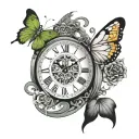 clock/rollercoaster,butterfly with half black grey and other half green with a gold infinity symbol in between the wings tattoo design idea
