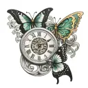 clock/rollercoaster,butterfly with half black grey and other half green with a gold infinity symbol in between the wings tattoo design idea