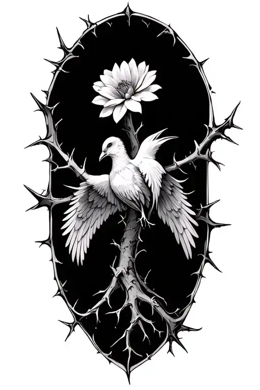 A flower tree with thorn protectors whose thorns trap and wound imaginary things with a combination of bird wings. tattoo design idea