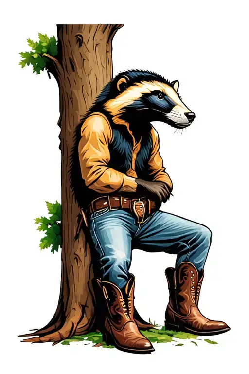 cowboy honey badger wearing cowboy boots and jeans leaning against a tree tattoo design idea