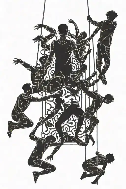 a black silhouette of a man with other silhouettes of people hanging over him tattoo design idea