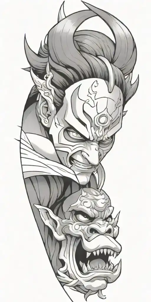 anime character wearing a oni mask fighting off inner demons tattoo design idea
