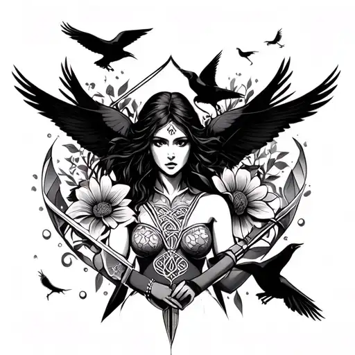 an image of the Celtic Goddess, the Morrigan. Surrounded by her associated flowers, weapons and multiple flying crows.  tattoo design idea
