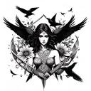 an image of the Celtic Goddess, the Morrigan. Surrounded by her associated flowers, weapons and multiple flying crows.  tattoo design idea