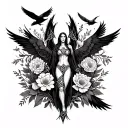 an image of the Celtic Goddess, the Morrigan. Surrounded by her associated flowers, weapons and multiple flying crows.  tattoo design idea