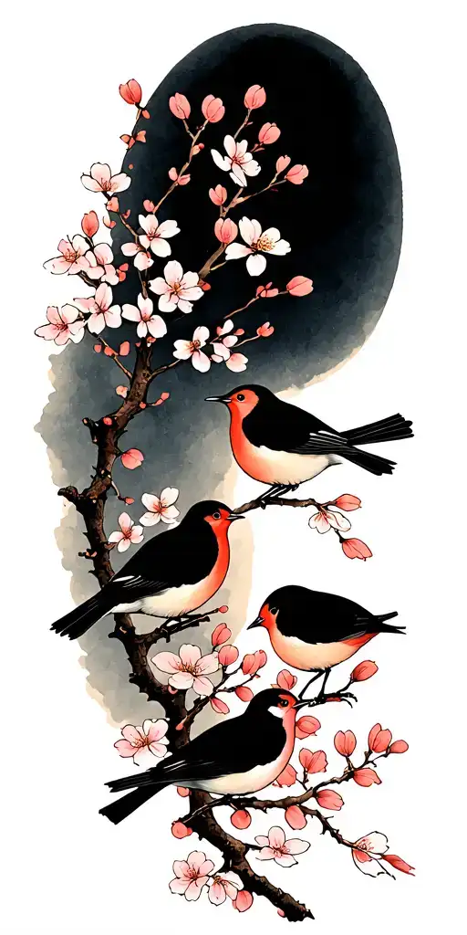Japanese wabori style. A single cherry blossom branch with delicate flowers. Seven birds tattoo design idea