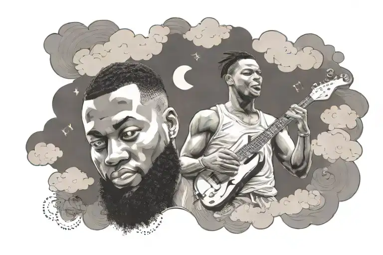 zion williamson, music, clouds, basketball and fire tattoo design idea