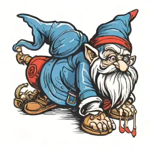 a garden gnome, using a pointer red hat and a blue outfit tattoo design idea
