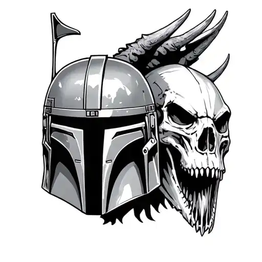 mandalorian and boba fett helmet with mythosaur skull and mudhorn skull in the background tattoo design idea