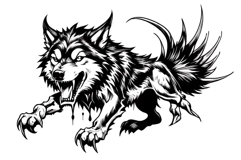 tribal wolf, huge dripping fangs and massive claws leaping to kill tattoo design idea