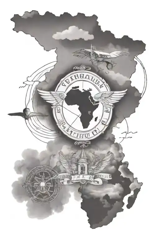 clouds all over, letter B, angel wings, letter A, write “family over everything”, Africa map tattoo design idea