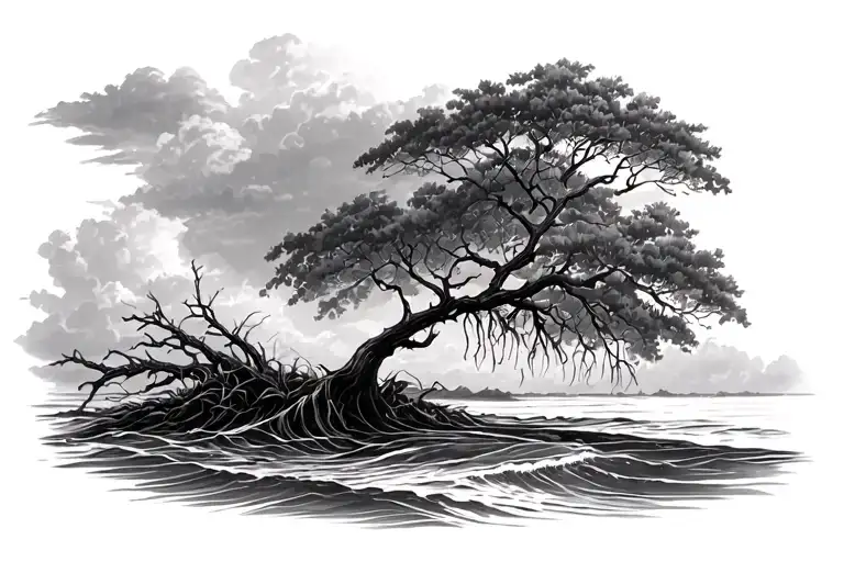 mangrove tree at low tide with waves tattoo design idea