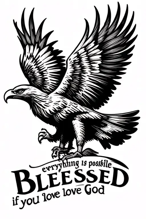 eagle getting rid of his hair combine with the word Blessed. also write "everything is possible if you love God" tattoo design idea
