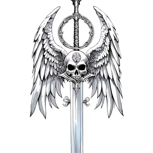 st michael sword one angel wing AND SKULL tattoo design idea