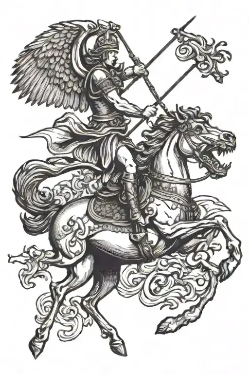 bellerofonte riding Pegasus fighting the chimera with a spear tattoo design idea