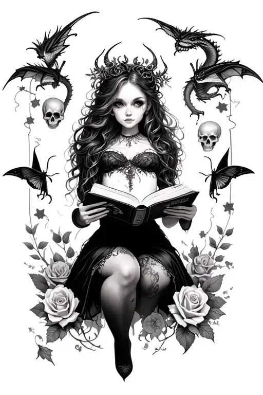 gothic girl holding a book open in front of her with dragons, skulls, roses, and moths surrounding her  tattoo design idea
